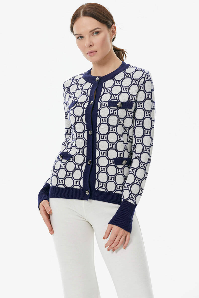 Sıfır Yaka Düğmeli Cep Detaylı Triko Hırka - Lacivert - Beyaz (1) Sementa