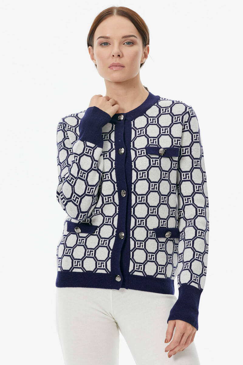 Sıfır Yaka Düğmeli Cep Detaylı Triko Hırka - Lacivert - Beyaz (2) Sementa