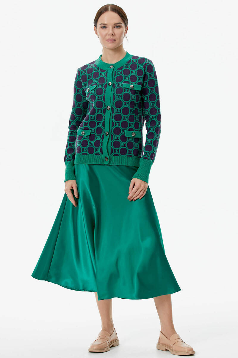 Sıfır Yaka Düğmeli Cep Detaylı Triko Hırka - Yeşil - Mor (2) Sementa