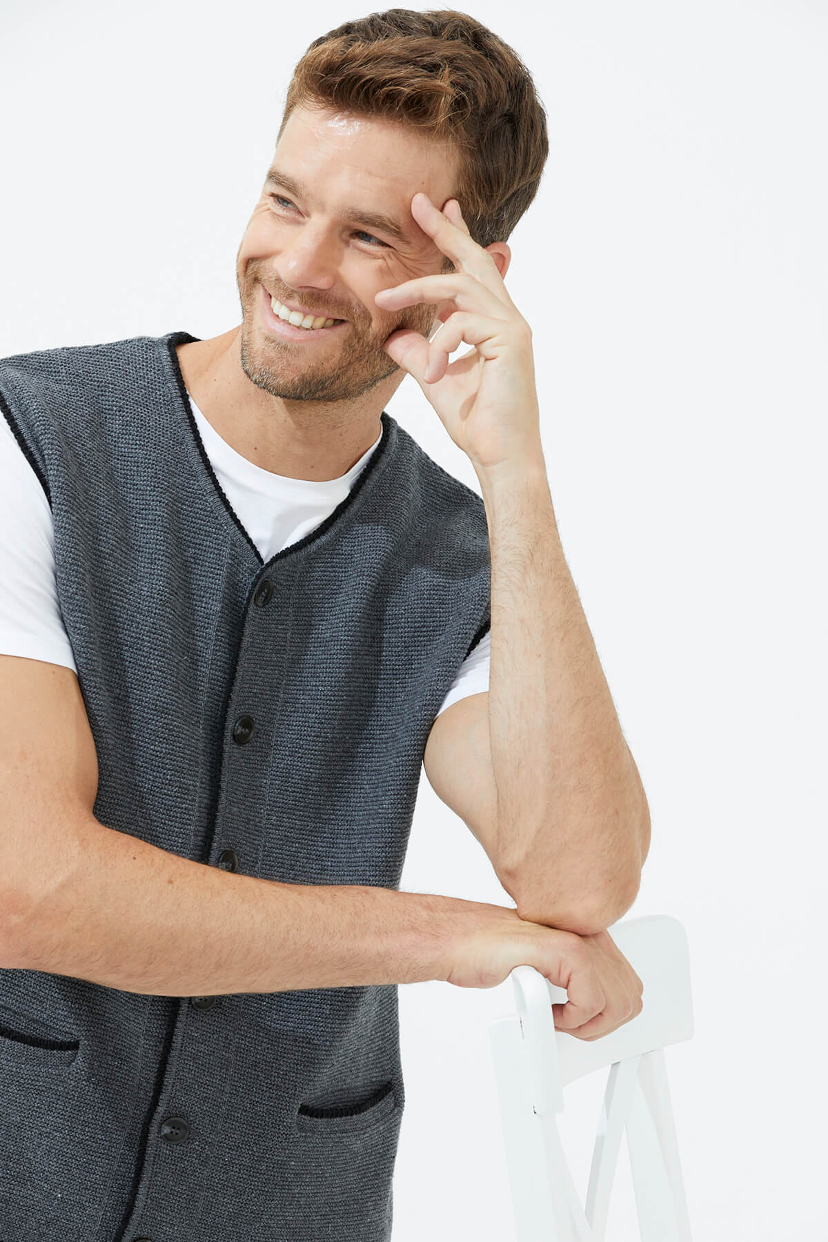 Sıfır Yaka Düğmeli Cepli Yelek - Koyu Gri (1) Sementa