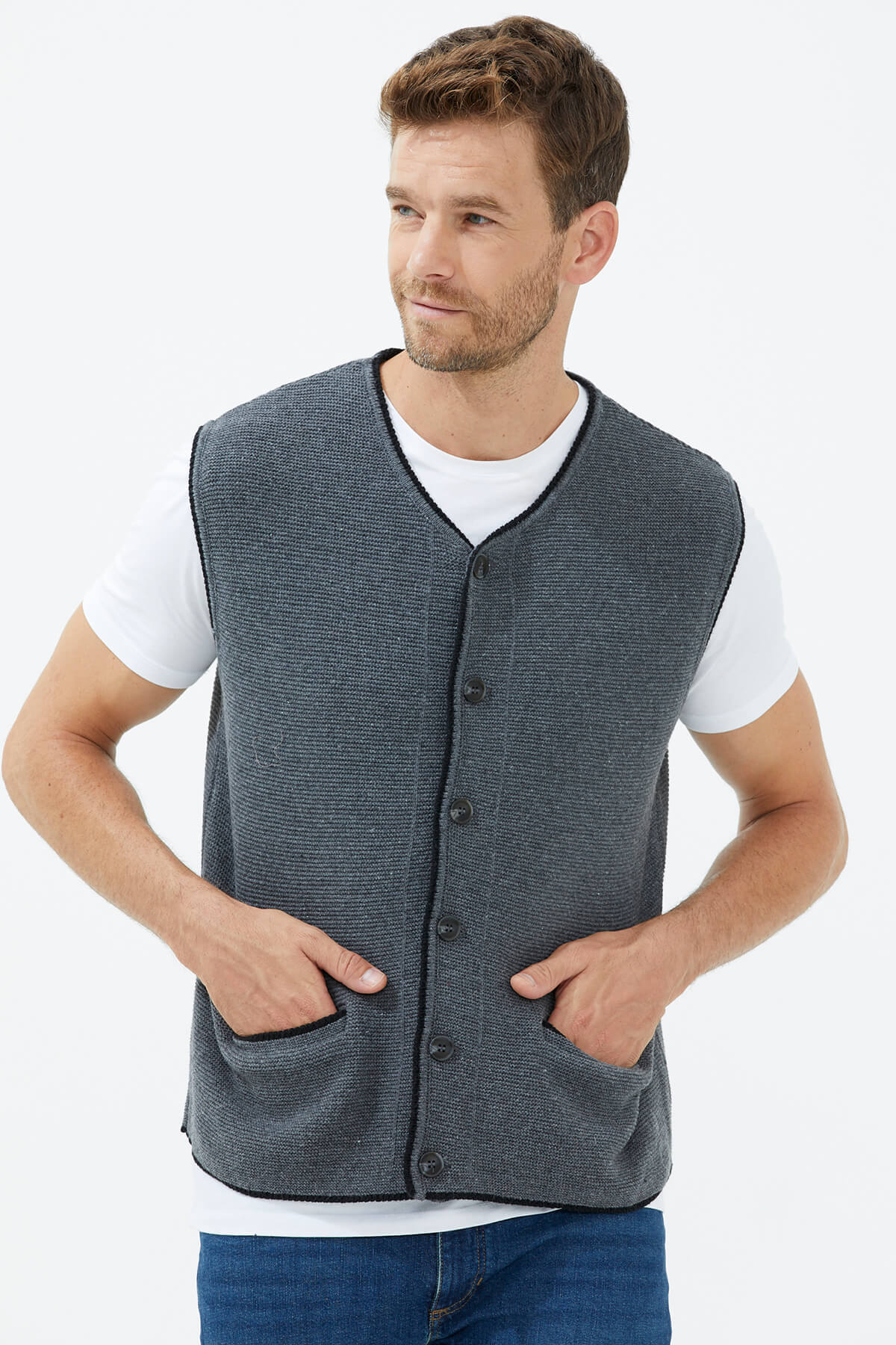 Sıfır Yaka Düğmeli Cepli Yelek - Koyu Gri (2) Sementa
