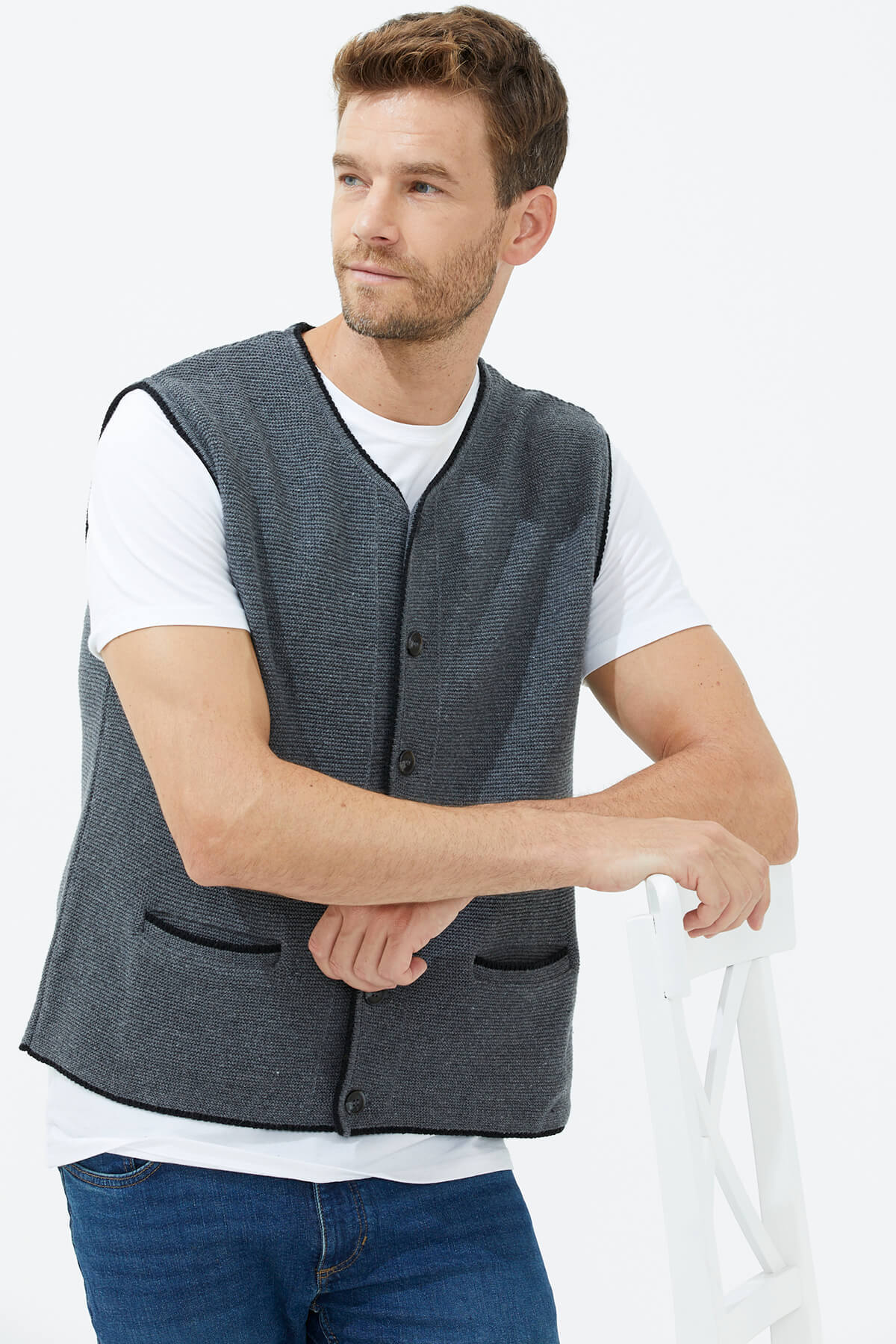 Sıfır Yaka Düğmeli Cepli Yelek - Koyu Gri (3) Sementa