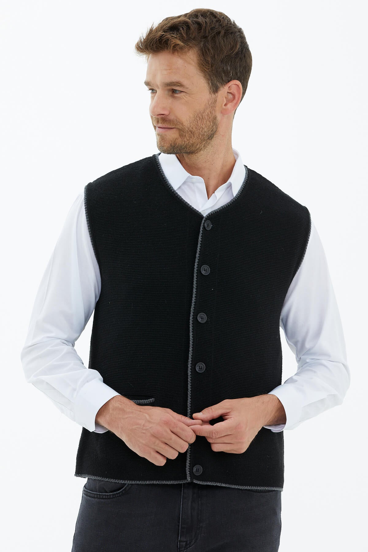 Sıfır Yaka Düğmeli Cepli Yelek - Siyah (1) Sementa