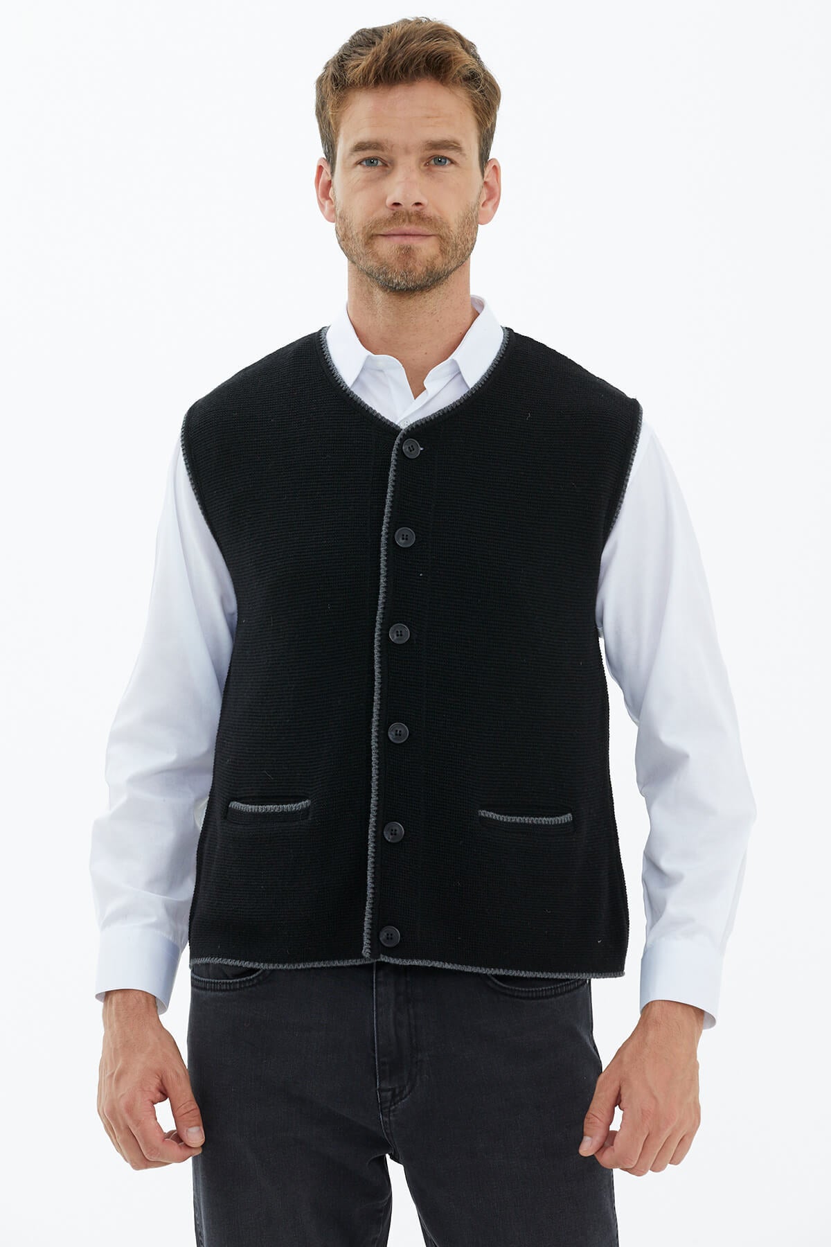 Sıfır Yaka Düğmeli Cepli Yelek - Siyah (2) Sementa