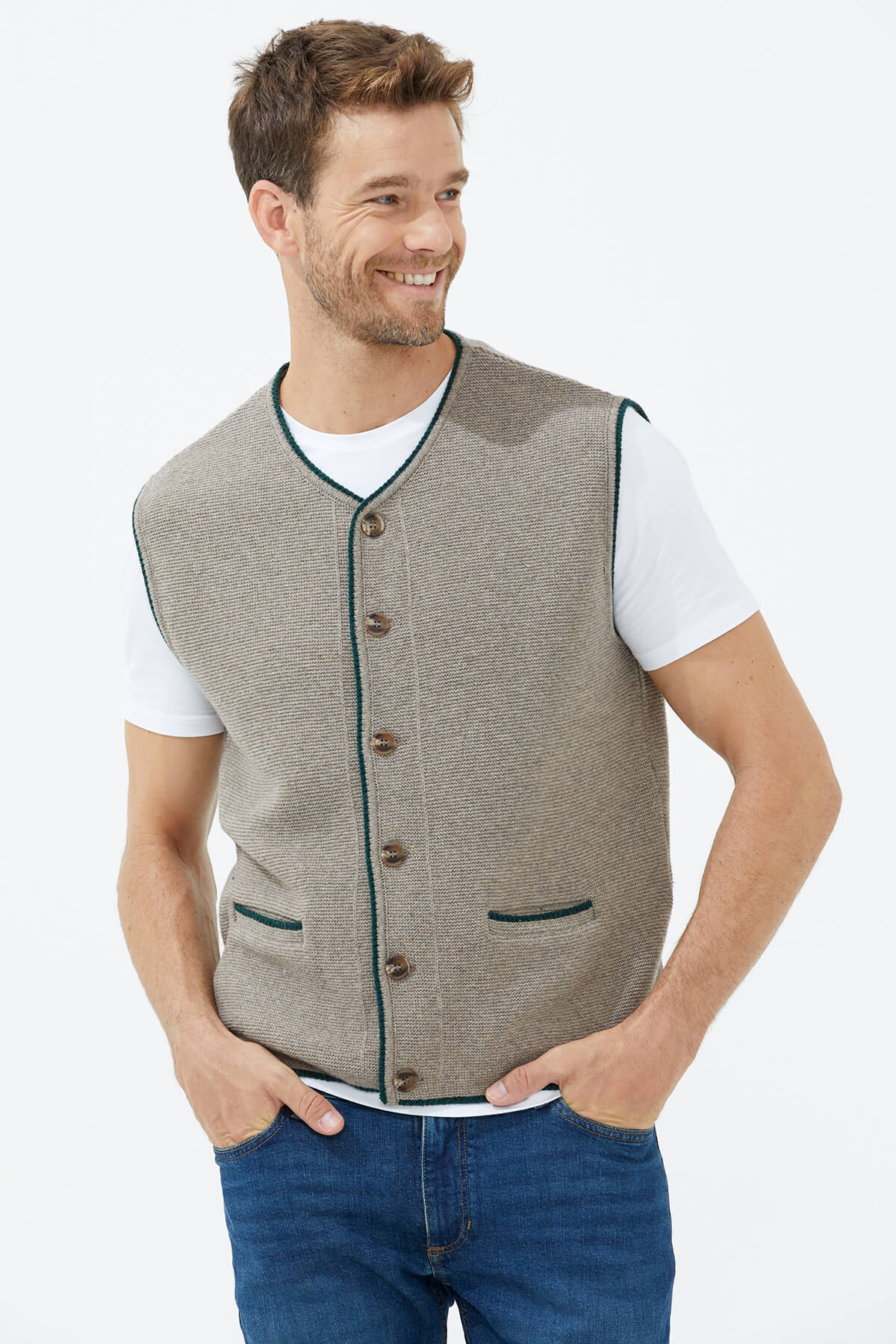 Sıfır Yaka Düğmeli Cepli Yelek - Sütlü Kahve (1) Sementa