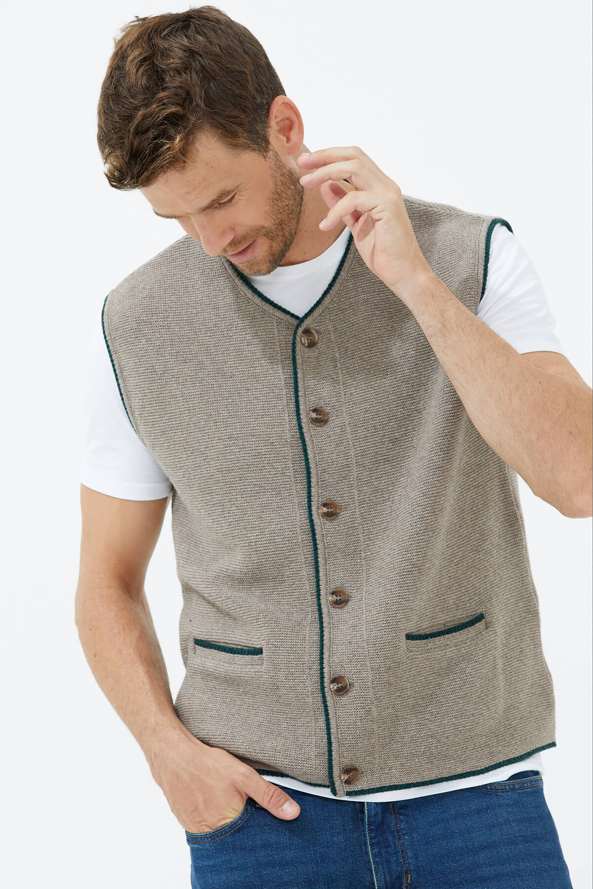 Sıfır Yaka Düğmeli Cepli Yelek - Sütlü Kahve (2) Sementa