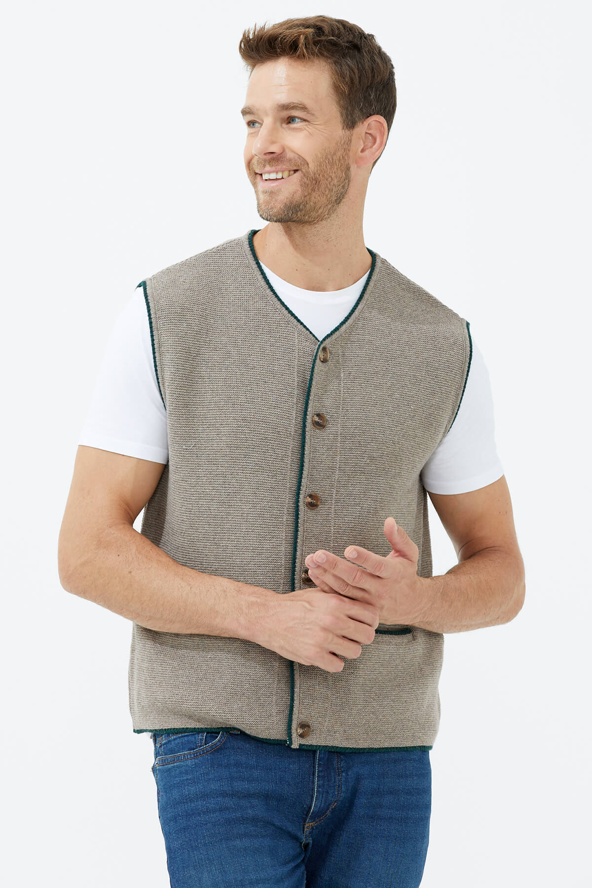 Sıfır Yaka Düğmeli Cepli Yelek - Sütlü Kahve (3) Sementa