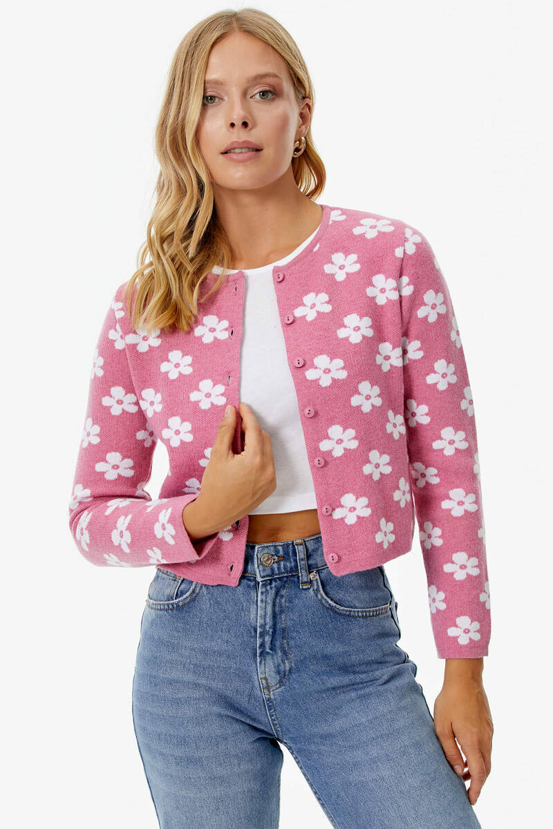 Sıfır Yaka Düğmeli Çiçek Desenli Triko Hırka - Pembe (2) Sementa