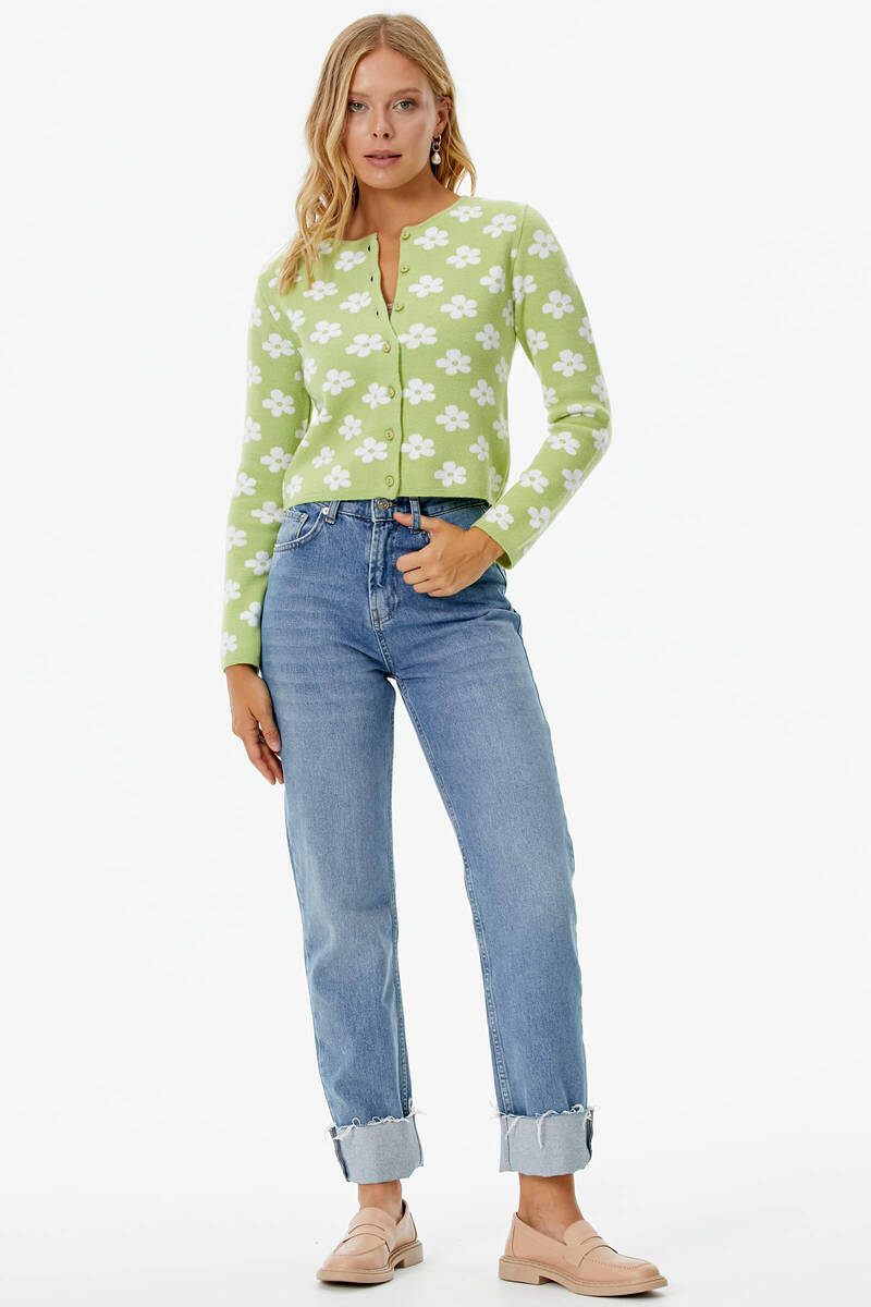 Sıfır Yaka Düğmeli Çiçek Desenli Triko Hırka - Yeşil (1) Sementa