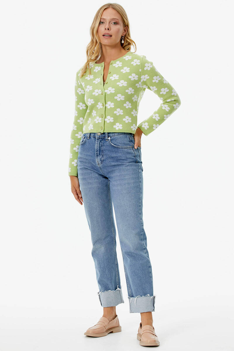 Sıfır Yaka Düğmeli Çiçek Desenli Triko Hırka - Yeşil (2) Sementa