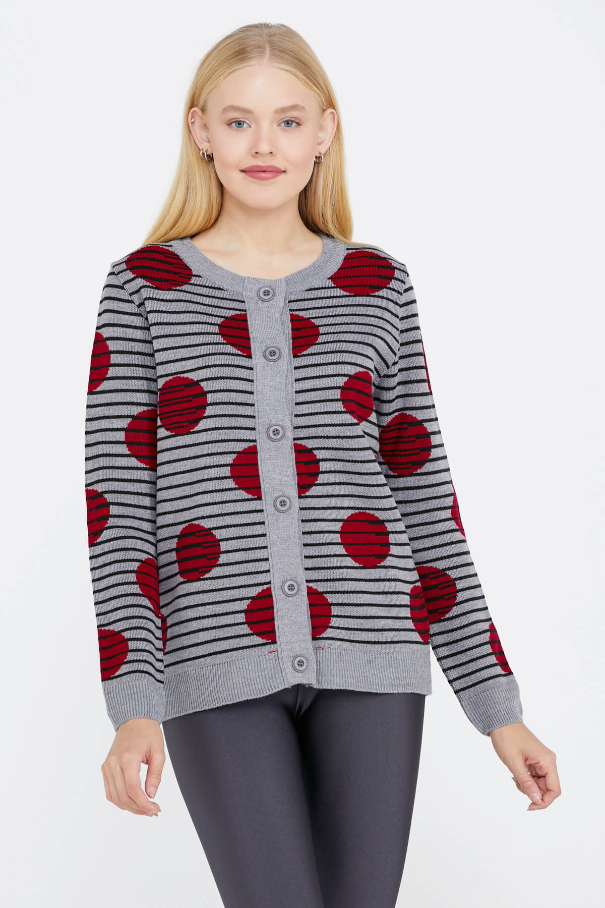 Sıfır Yaka Düğmeli Kadın Triko Ceket - Gri (1) Sementa