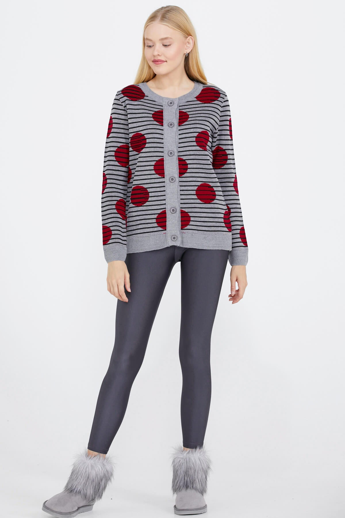 Sıfır Yaka Düğmeli Kadın Triko Ceket - Gri (2) Sementa