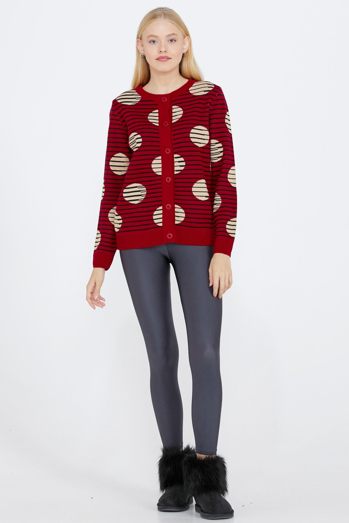 Sıfır Yaka Düğmeli Kadın Triko Ceket - Kırmızı (2) Sementa