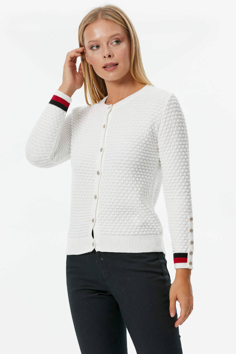 Sıfır Yaka Düğmeli Petek Desenli Triko Hırka - Kemik (1) Sementa