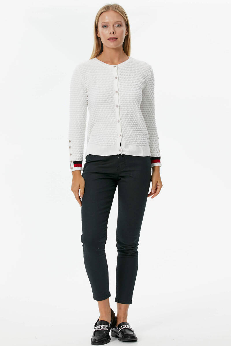 Sıfır Yaka Düğmeli Petek Desenli Triko Hırka - Kemik (2) Sementa