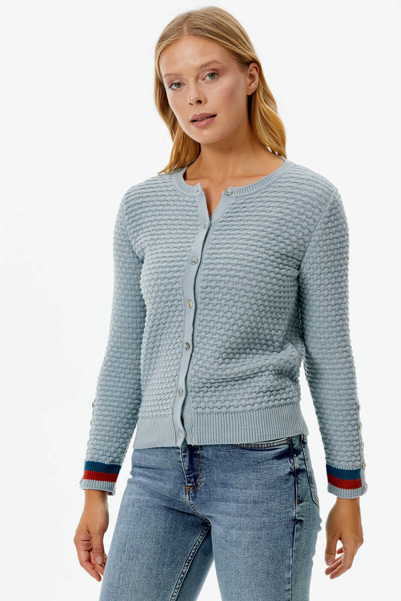 Sıfır Yaka Düğmeli Petek Desenli Triko Hırka - Mavi (1) Sementa