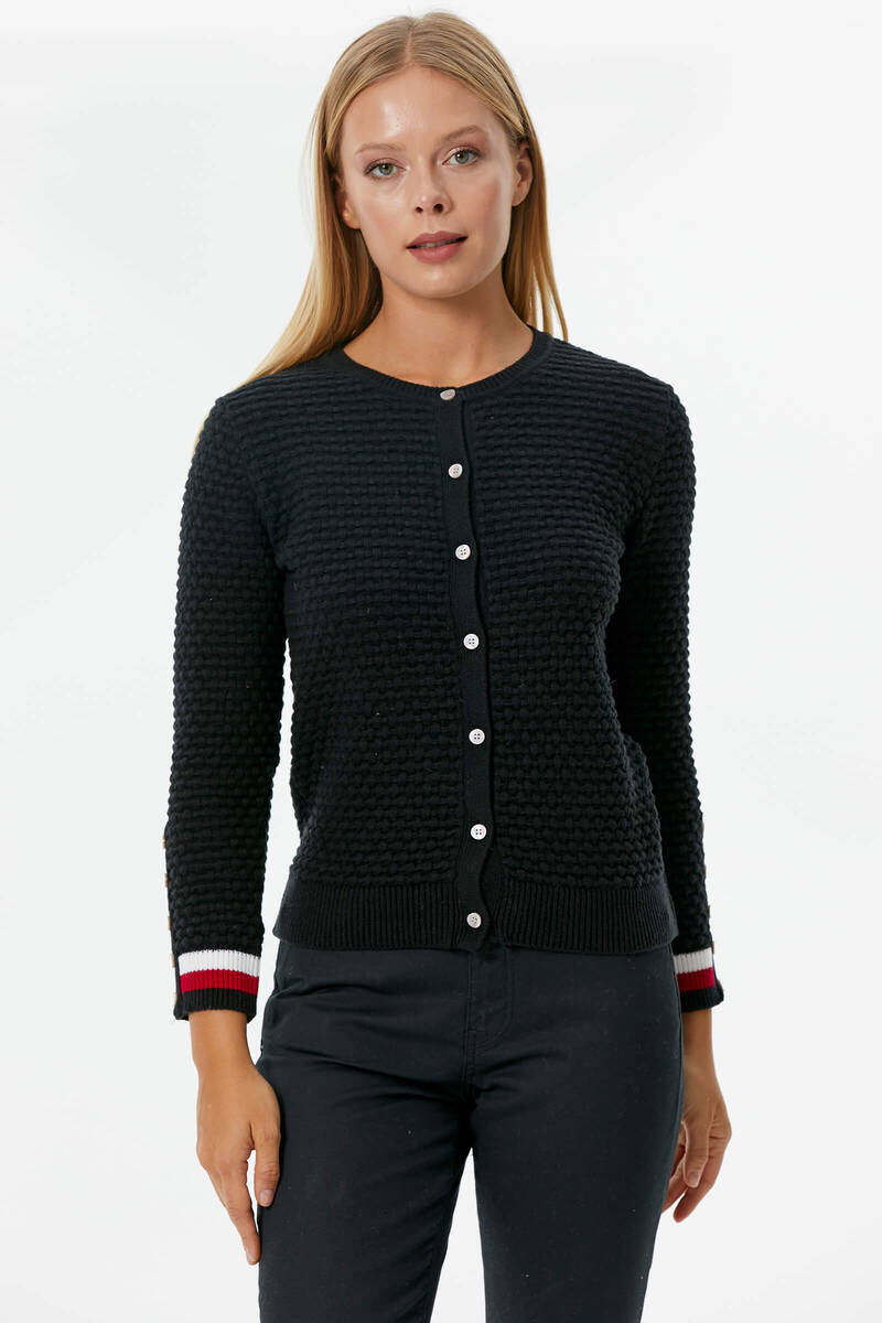 Sıfır Yaka Düğmeli Petek Desenli Triko Hırka - Siyah (2) Sementa