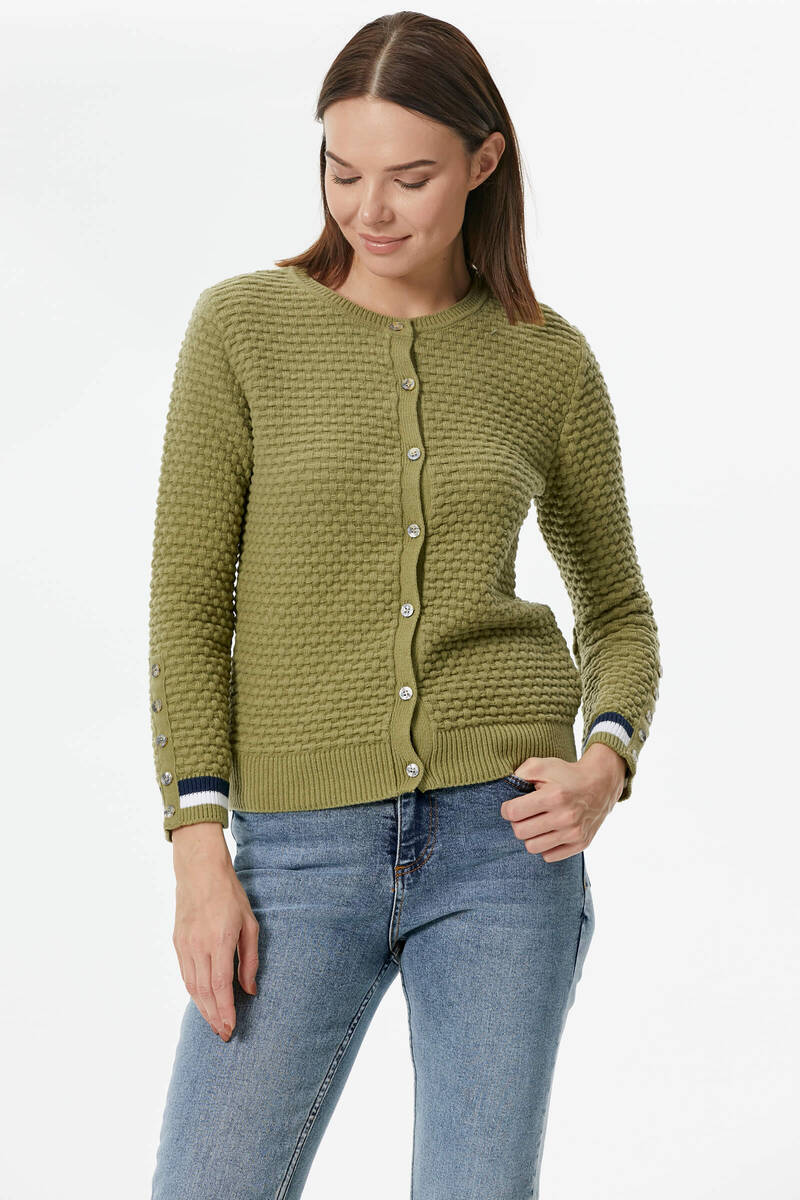 Sıfır Yaka Düğmeli Petek Desenli Triko Hırka - Yeşil (2) Sementa