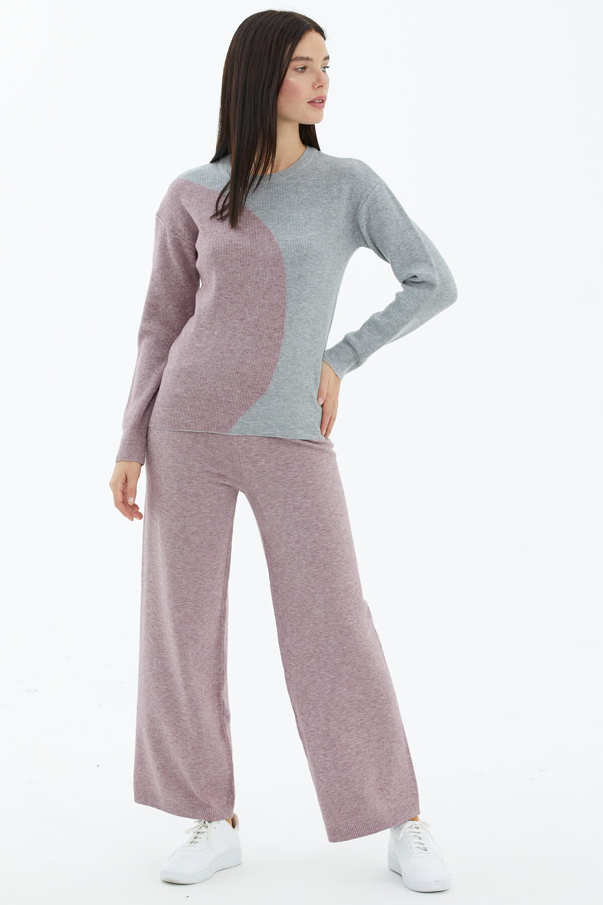 Sıfır Yaka İki Renkli Triko Kazak - Açık Gri - Gül (1) Sementa