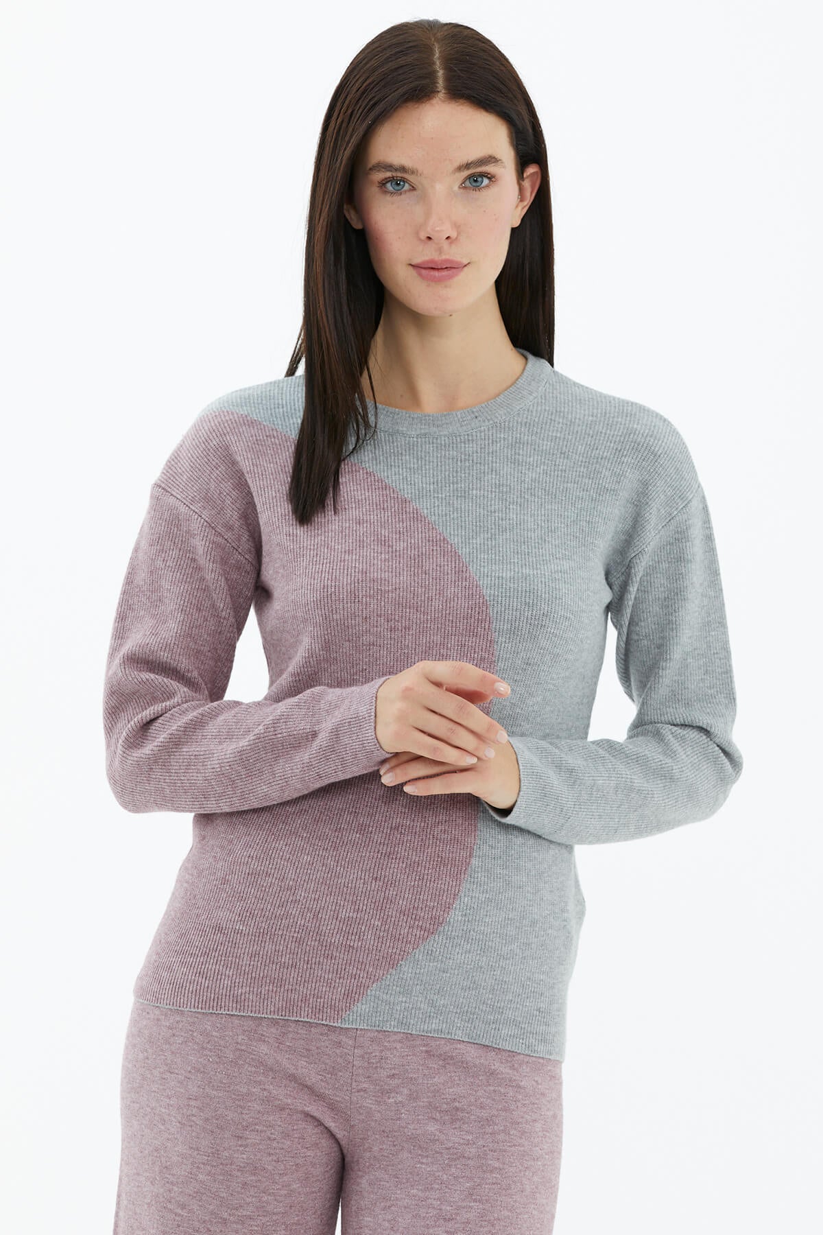 Sıfır Yaka İki Renkli Triko Kazak - Açık Gri - Gül (2) Sementa