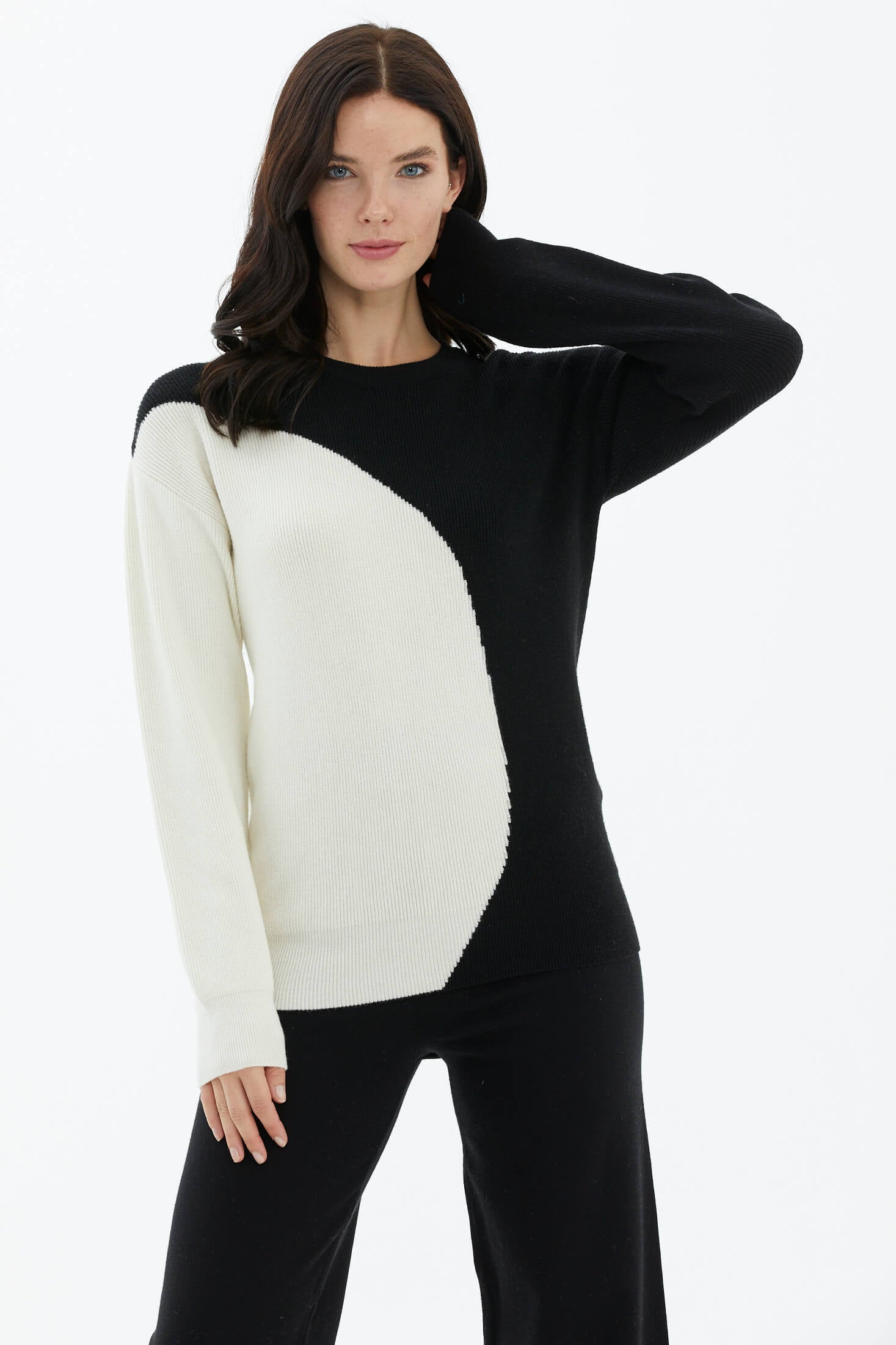 Sıfır Yaka İki Renkli Triko Kazak - Siyah - Kemik (1) Sementa