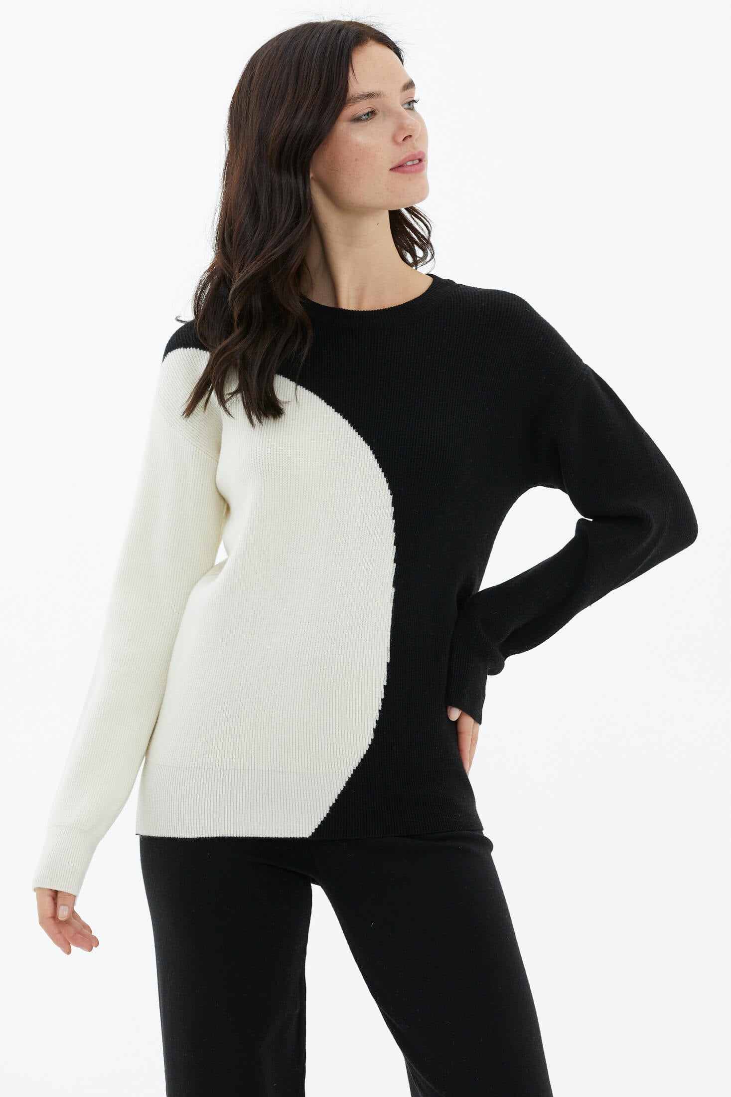 Sıfır Yaka İki Renkli Triko Kazak - Siyah - Kemik (2) Sementa