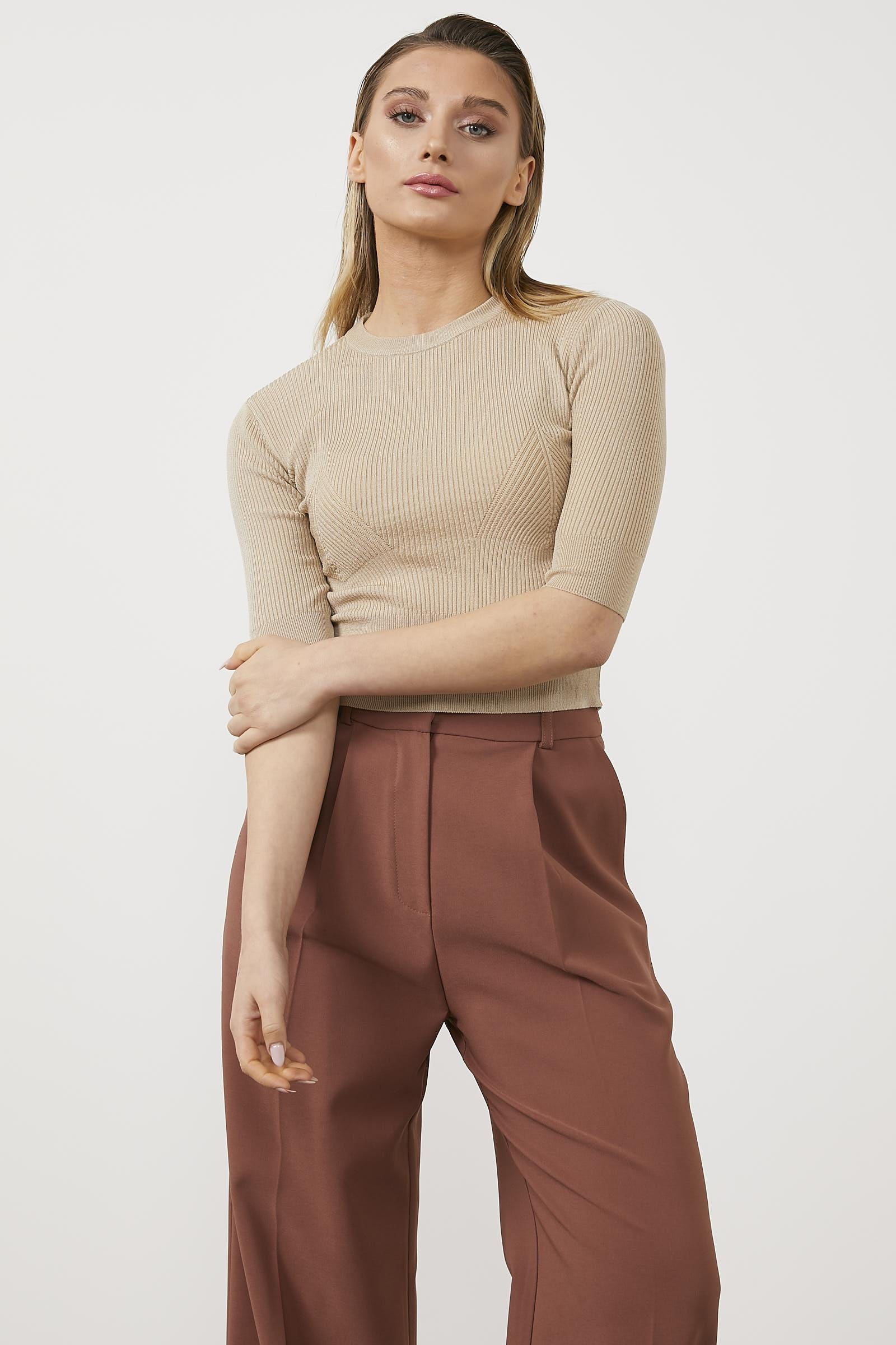 Sıfır Yaka Kapri Kol Triko Kazak - Bej (1) Sementa