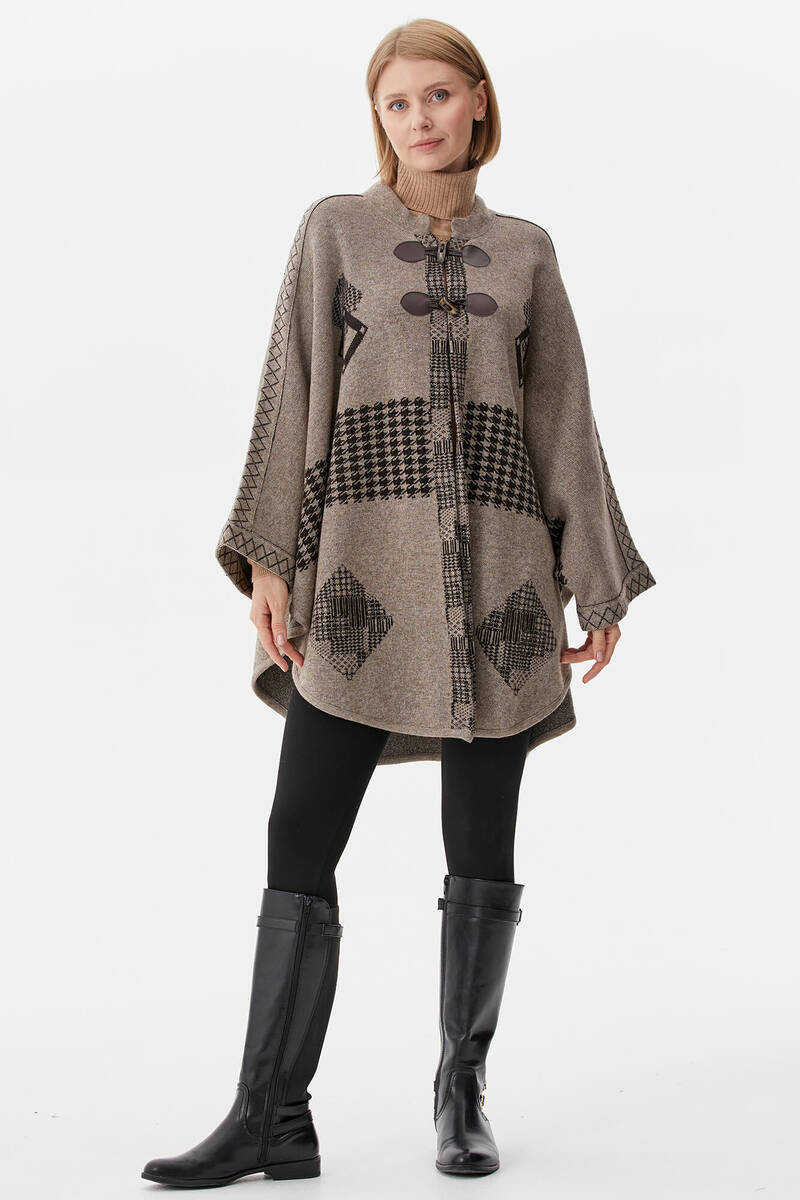 Sıfır Yaka Kilim Desenli Triko Panço - Bej (1) Sementa