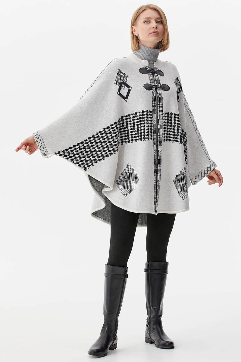 Sıfır Yaka Kilim Desenli Triko Panço - Beyaz (2) Sementa