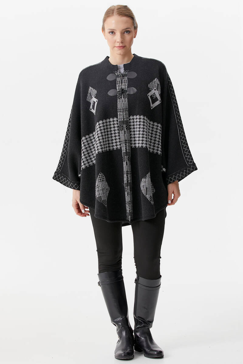 Sıfır Yaka Kilim Desenli Triko Panço - Siyah (1) Sementa