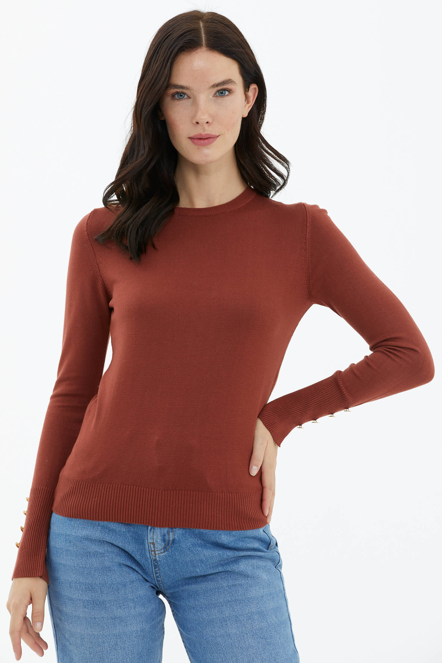 Sıfır Yaka Kolu Düğmeli Triko Kazak - Kiremit (1) Sementa