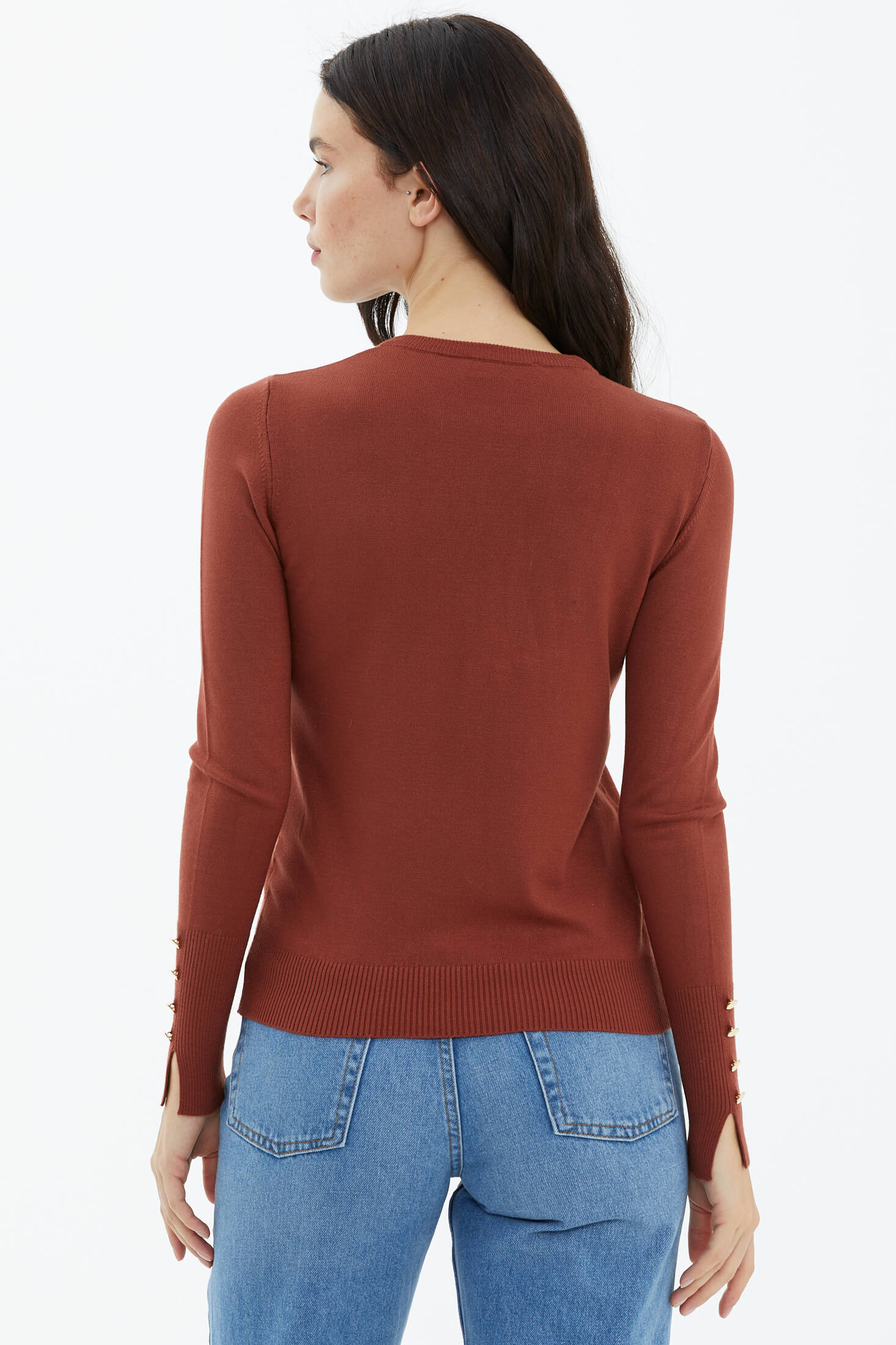 Sıfır Yaka Kolu Düğmeli Triko Kazak - Kiremit (3) Sementa