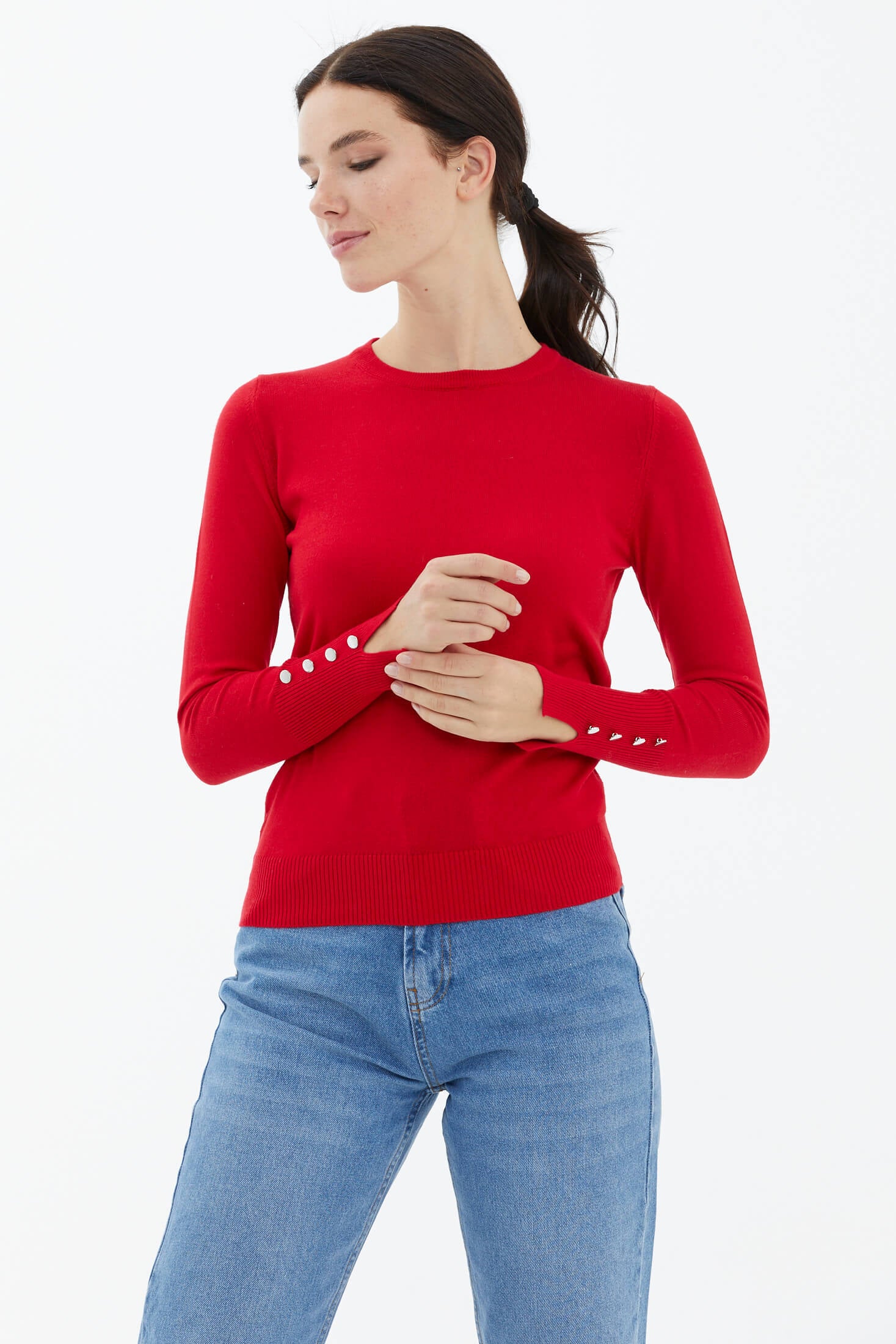 Sıfır Yaka Kolu Düğmeli Triko Kazak - Kırmızı (1) Sementa