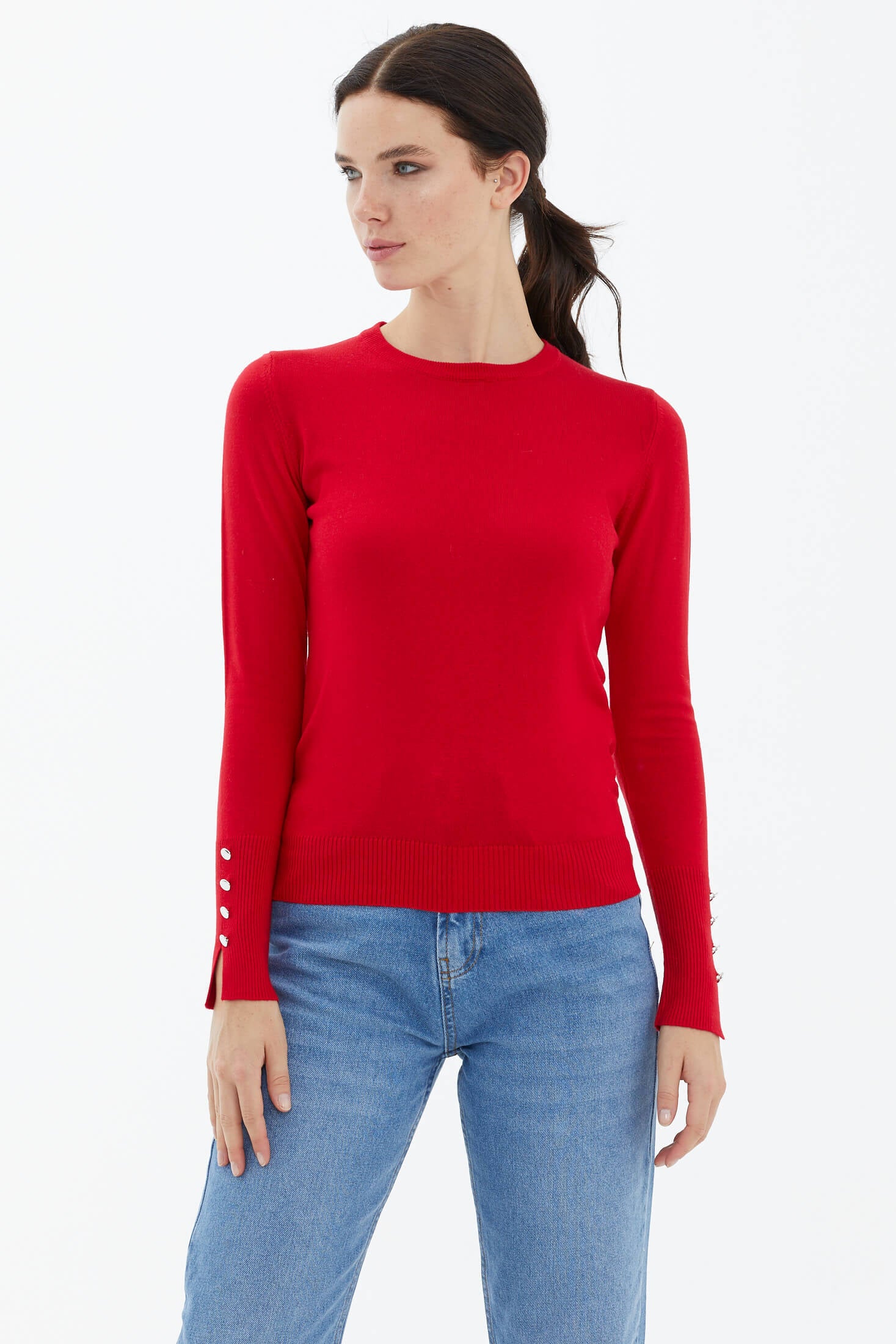 Sıfır Yaka Kolu Düğmeli Triko Kazak - Kırmızı (2) Sementa