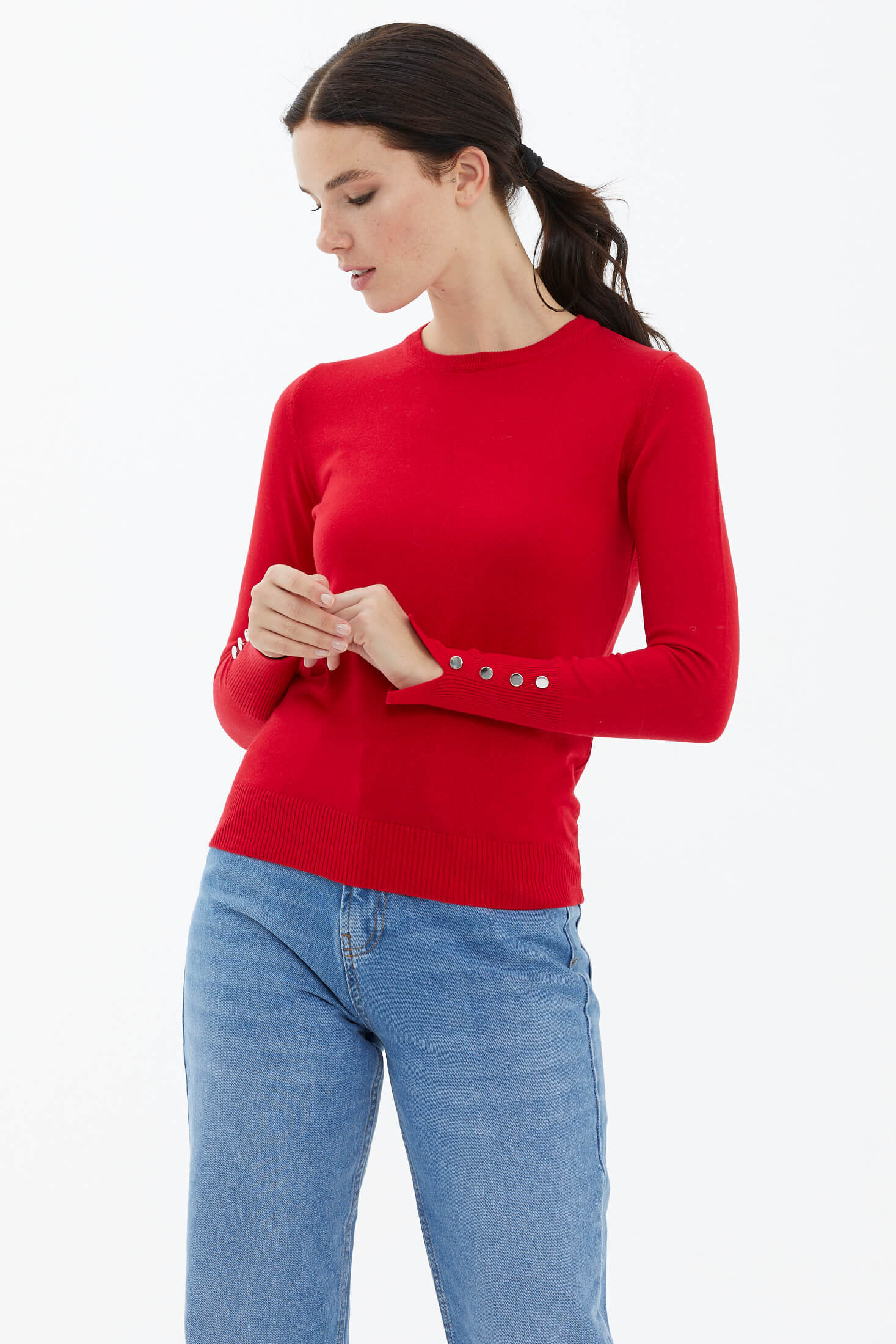 Sıfır Yaka Kolu Düğmeli Triko Kazak - Kırmızı (3) Sementa