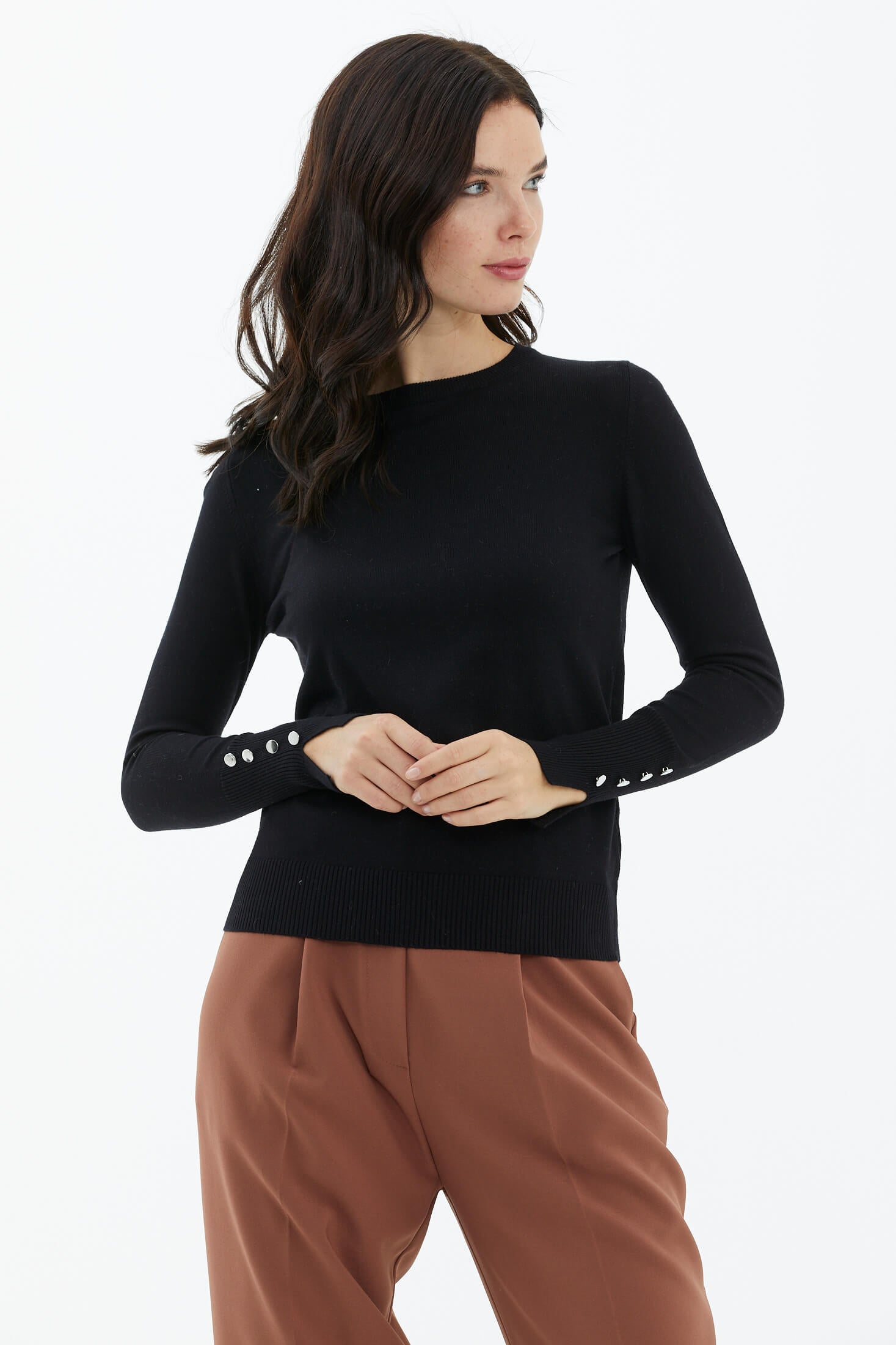 Sıfır Yaka Kolu Düğmeli Triko Kazak - Siyah (2) Sementa