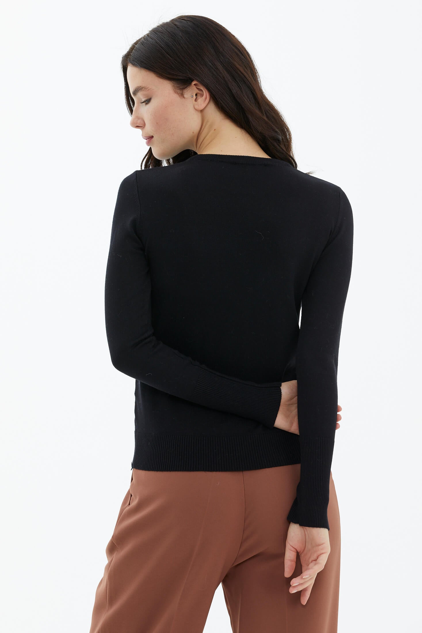 Sıfır Yaka Kolu Düğmeli Triko Kazak - Siyah (3) Sementa