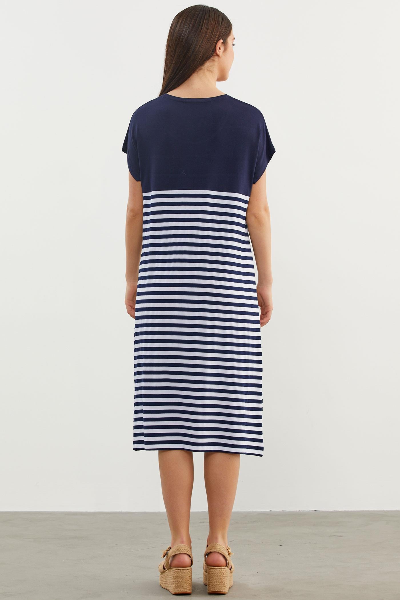 Sıfır Yaka Midi Boy Marine Elbise - Lacivert (6) Sementa