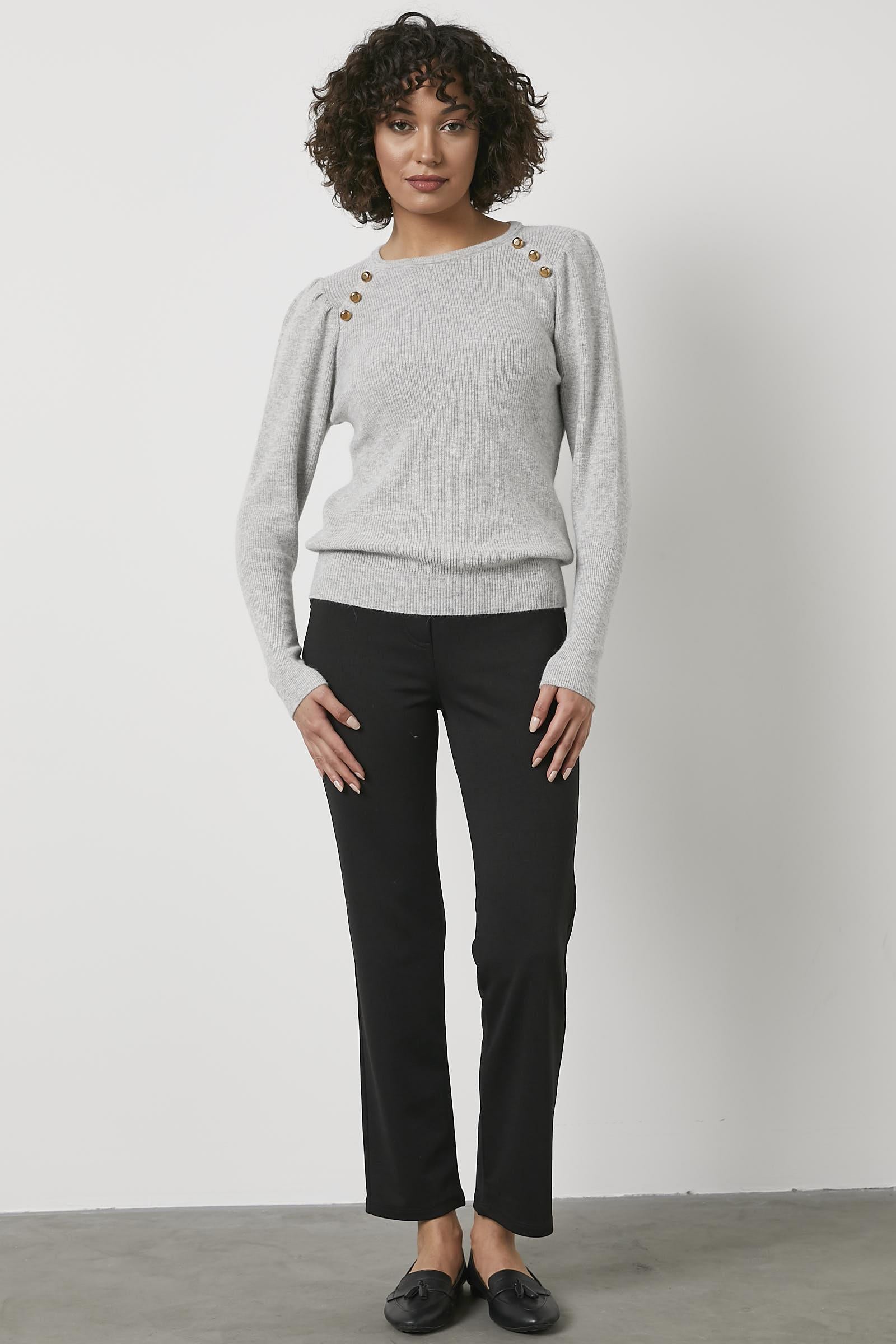 Sıfır Yaka Omuzları Düğmeli Triko Kazak - Açık Gri (1) Sementa