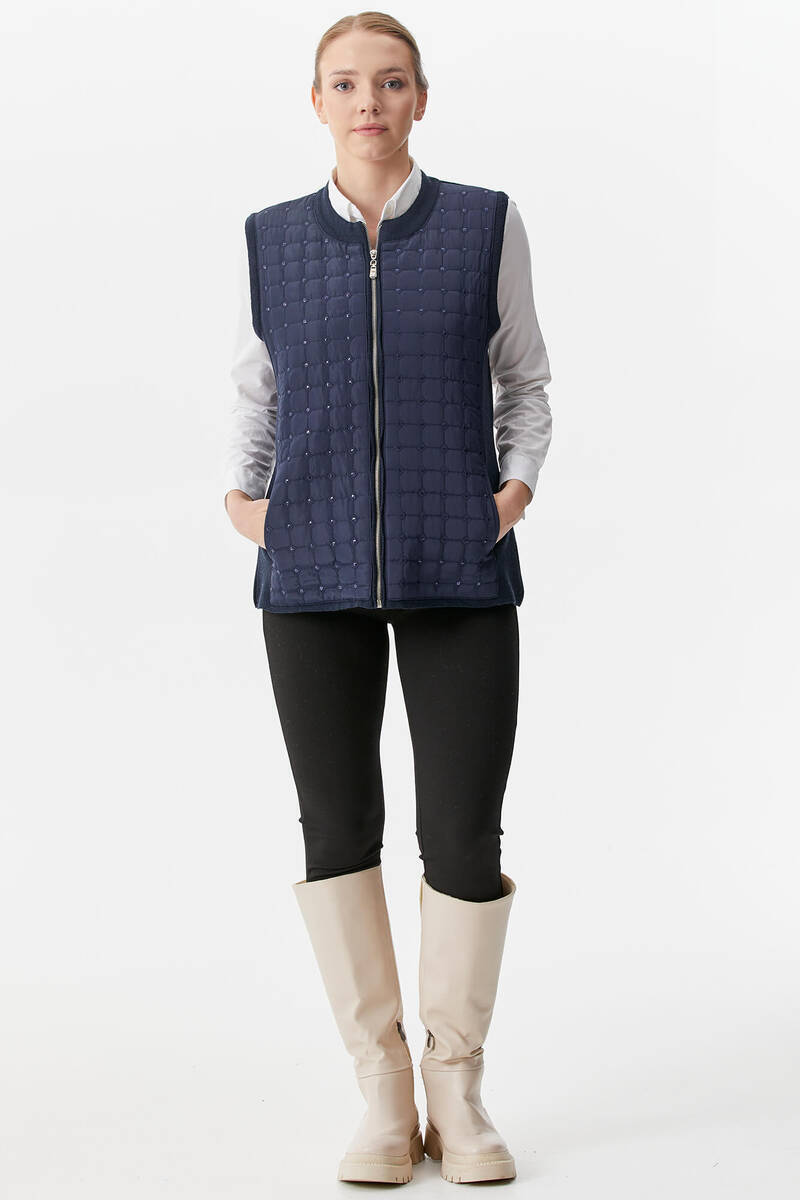 Sıfır Yaka Önü Kapitone Triko Yelek - Lacivert (3) Sementa