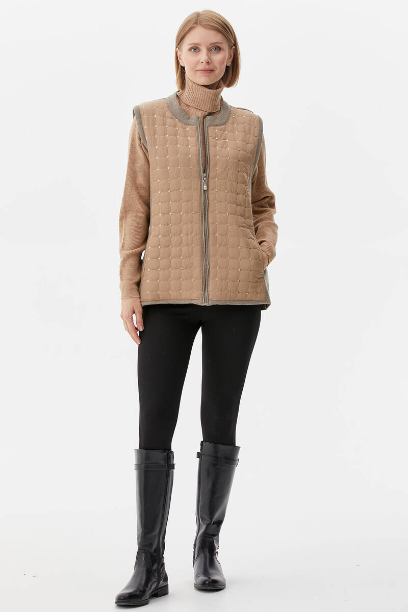 Sıfır Yaka Önü Kapitone Triko Yelek - Sütlü Kahve (1) Sementa