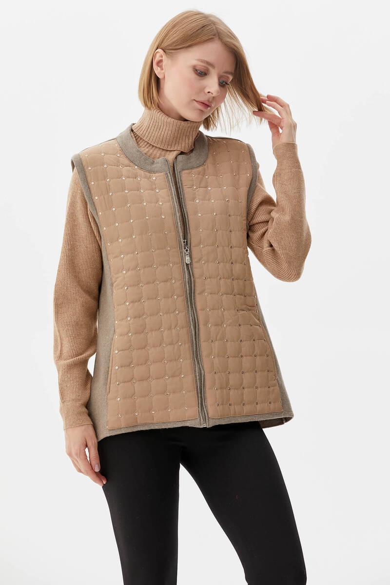 Sıfır Yaka Önü Kapitone Triko Yelek - Sütlü Kahve (2) Sementa