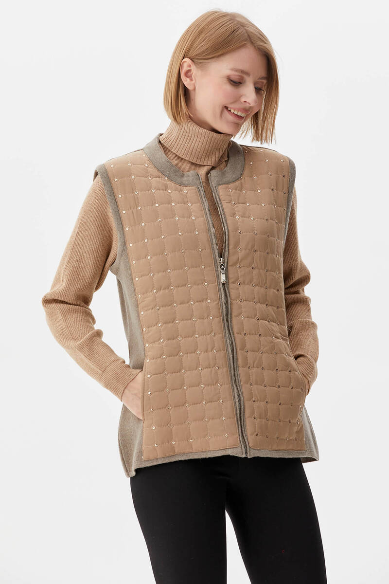 Sıfır Yaka Önü Kapitone Triko Yelek - Sütlü Kahve (4) Sementa