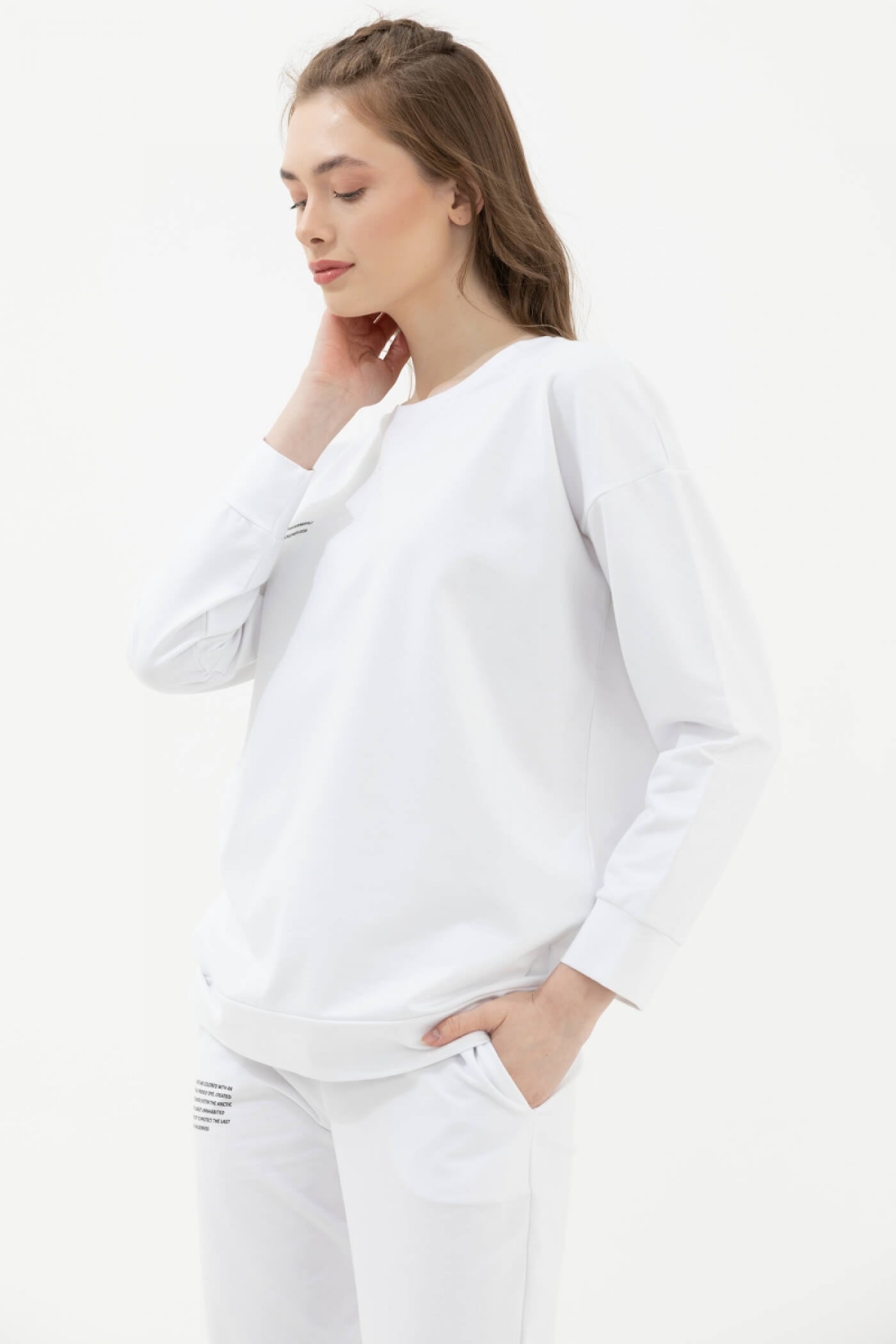 Sıfır Yaka Oversize Sweat - Beyaz (2) Sementa