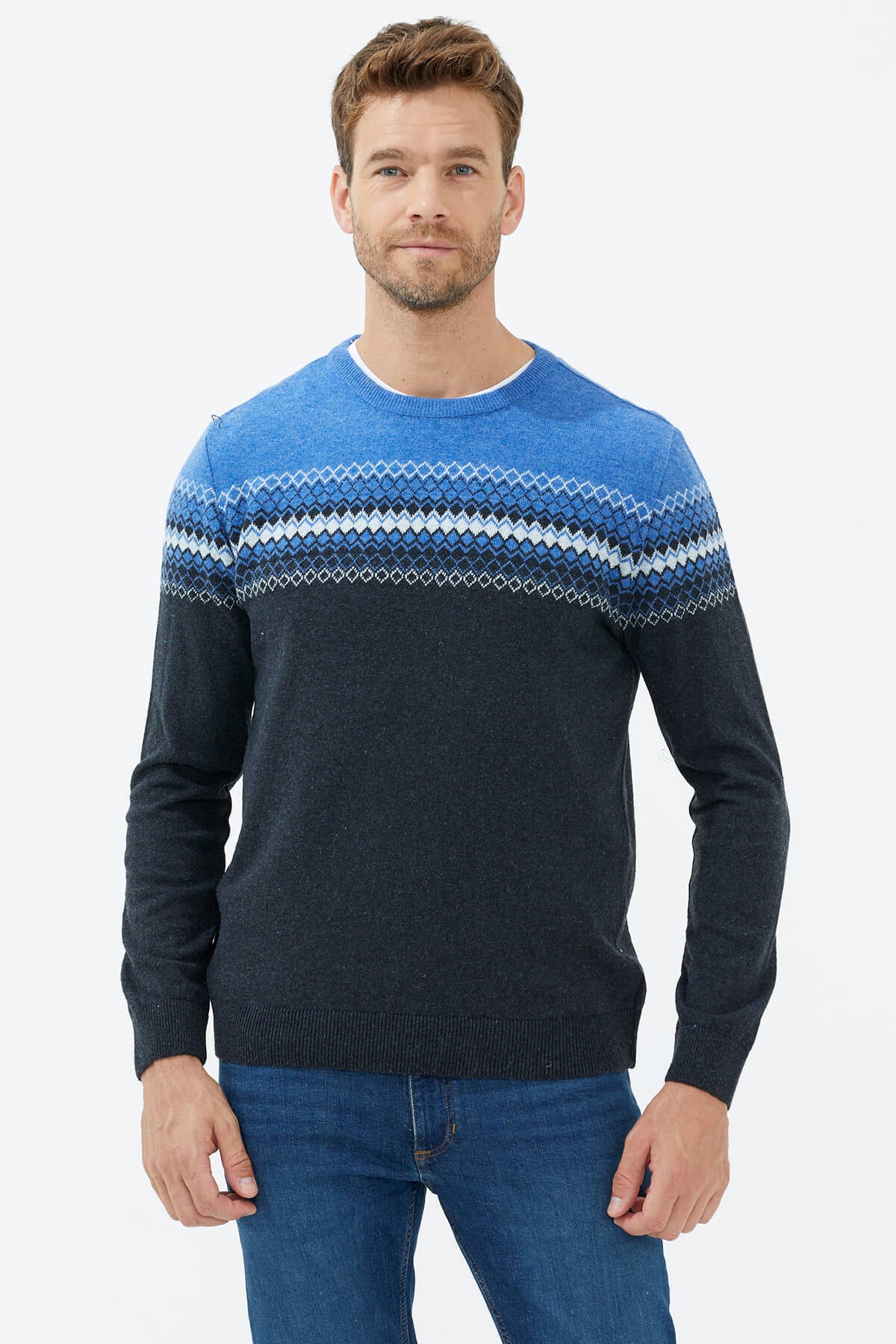 Sıfır Yaka Renkli Triko Kazak - Antrasit (2) Sementa