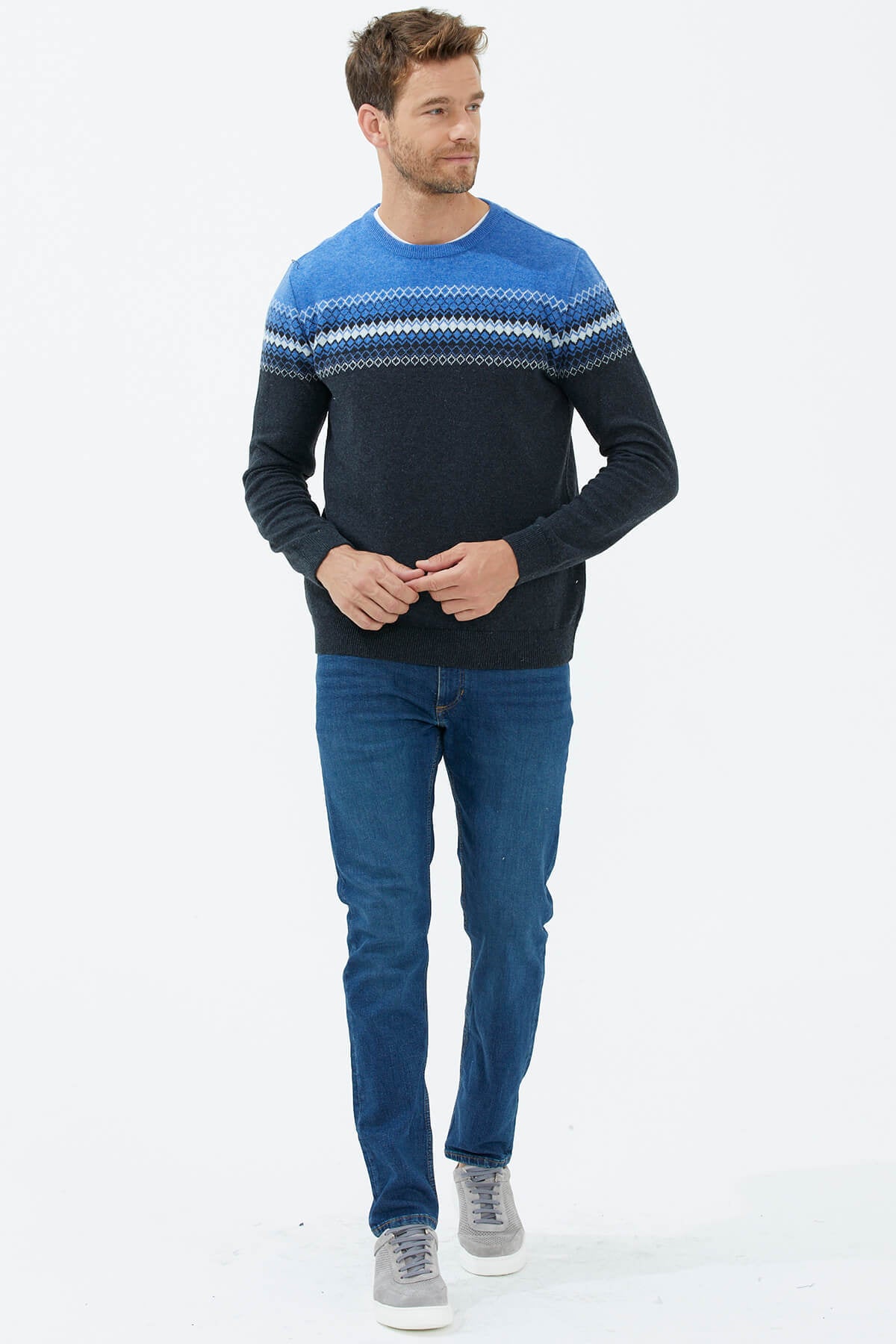 Sıfır Yaka Renkli Triko Kazak - Antrasit (3) Sementa