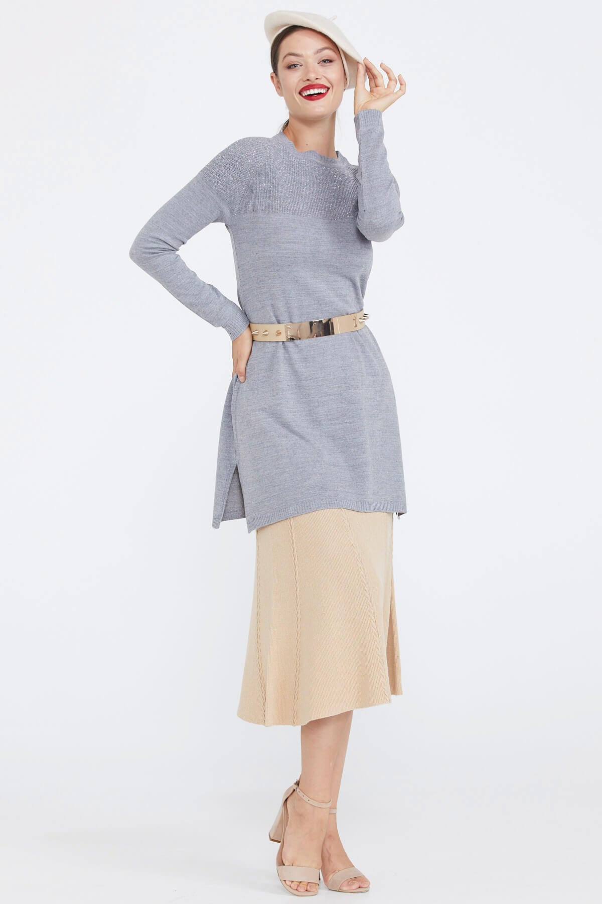 Sıfır Yaka Simli Triko Kadın Tunik - Gri (2) Sementa