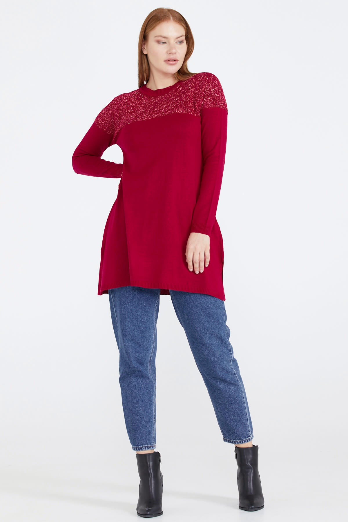 Sıfır Yaka Simli Triko Kadın Tunik - Kırmızı (2) Sementa