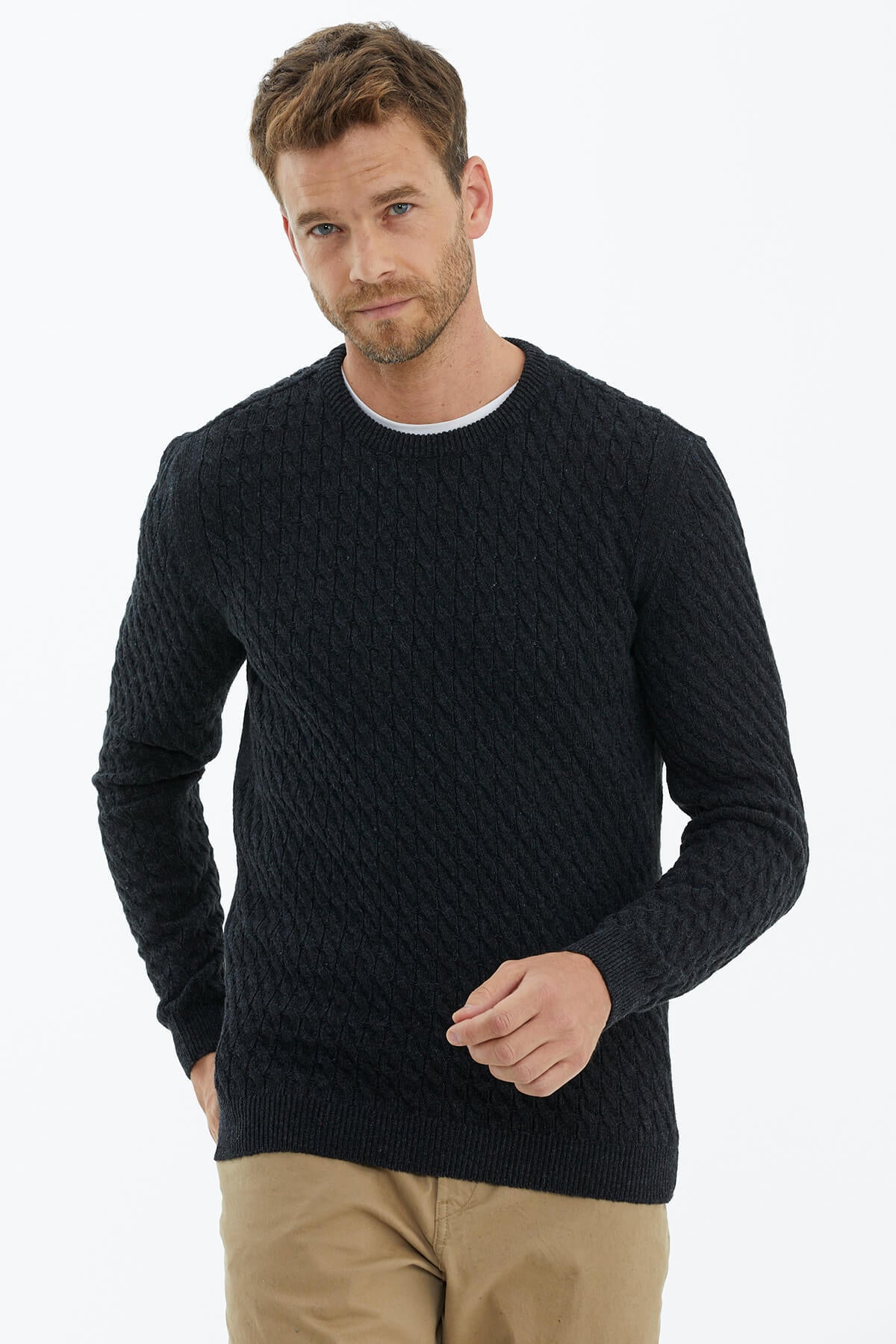 Sıfır Yaka Triko Kazak - Antrasit (3) Sementa