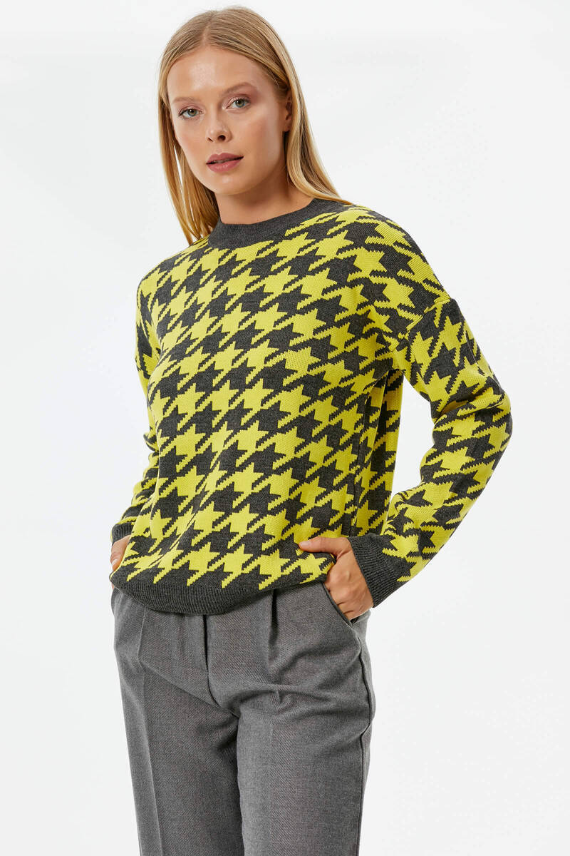 Sıfır Yaka Triko Kazak - Antrasit - Sarı (1) Sementa